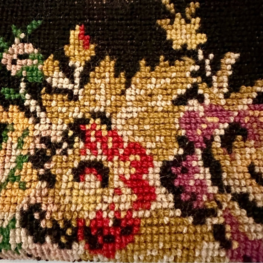 Vintage Wool Petit Point Handbag Cottagecore Black Floral Leather Trimmed - Picture 2 of 13